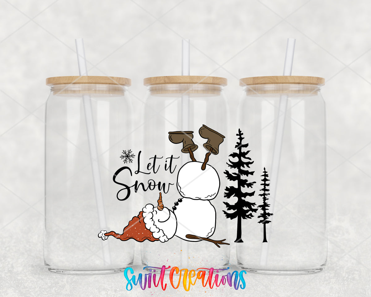 Let It Snow Upside Down Snowman clear glass tumbler group mockup with bamboo lids and straws