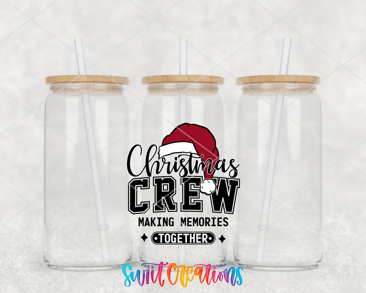 Christmas Crew clear glass tumbler group mockup with bamboo lids and straws