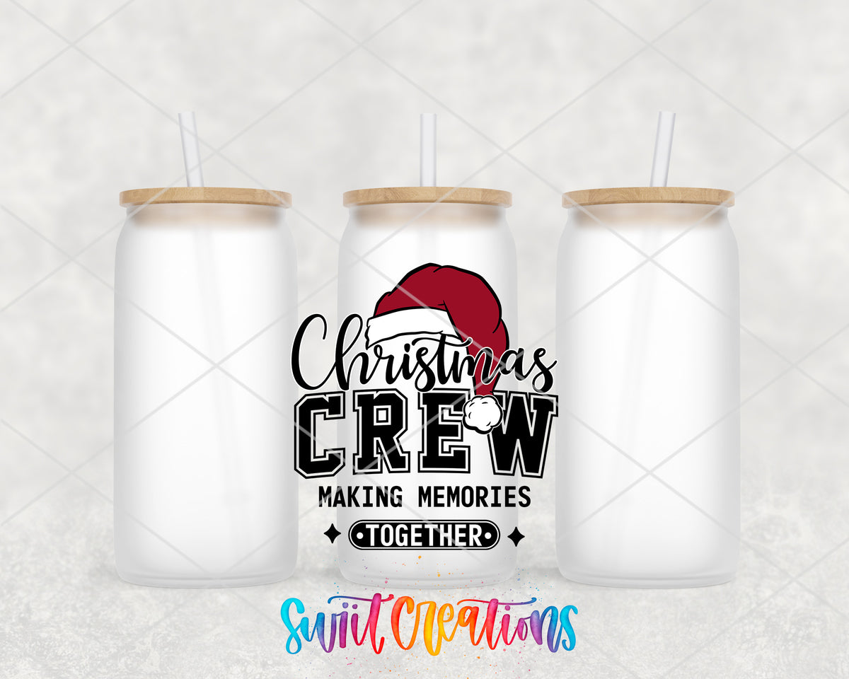 Christmas Crew frosted glass tumbler group view with lids and straws
