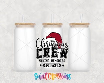Christmas Crew frosted glass tumbler group view with lids and straws