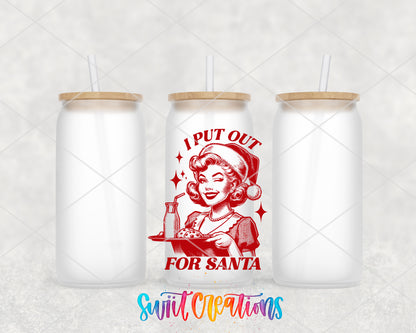 I Put Out for Santa frosted glass tumbler group view with lids and straws