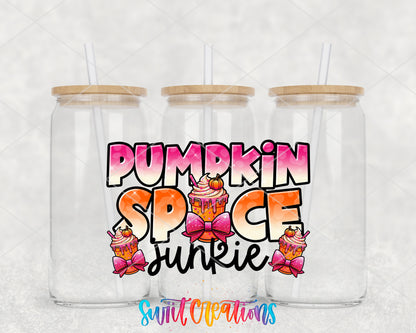 Pumpkin Spice Junkie clear glass tumbler group mockup with bamboo lids and straws
