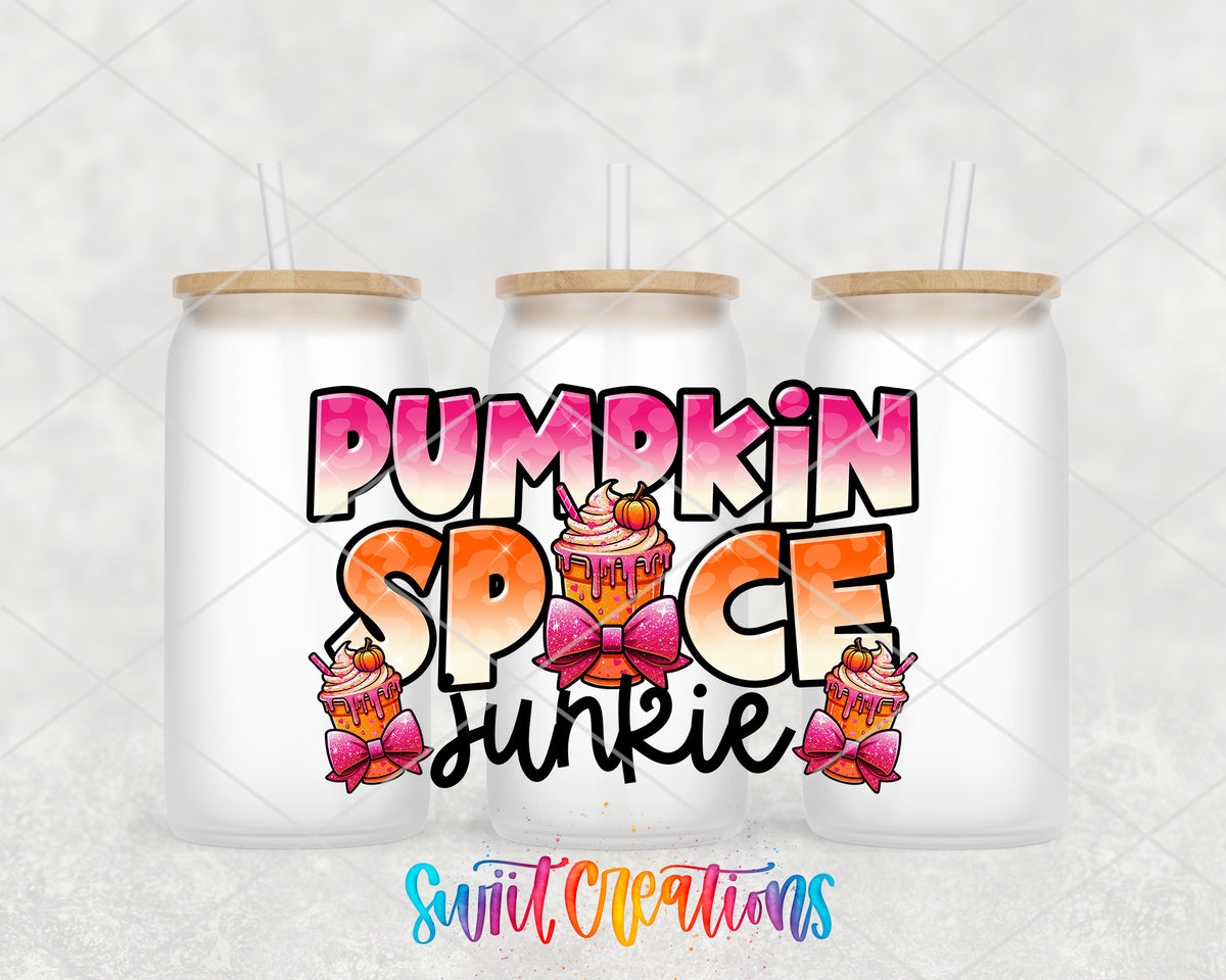 Pumpkin Spice Junkie frosted glass tumbler group view with lids and straws