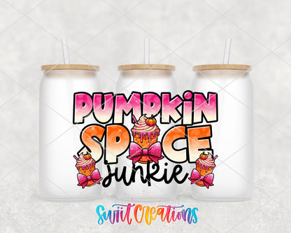 Pumpkin Spice Junkie frosted glass tumbler group view with lids and straws