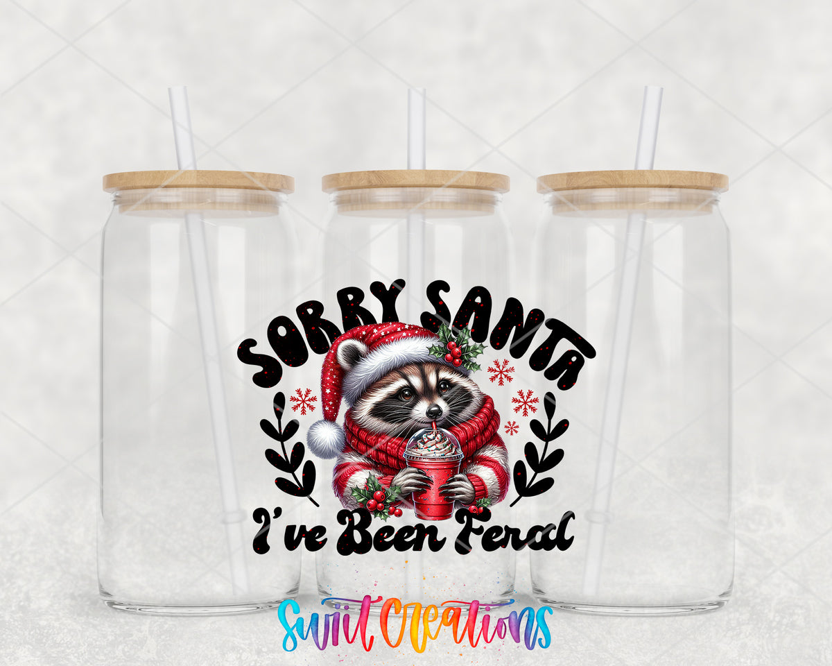 Sorry Santa I Have Been Feral Raccoon clear glass tumbler group mockup with bamboo lids and straws