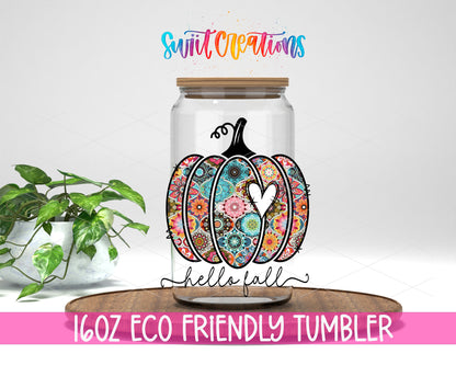 Hello Fall Floral Pumpkin design on a 16 oz clear glass tumbler with bamboo lid