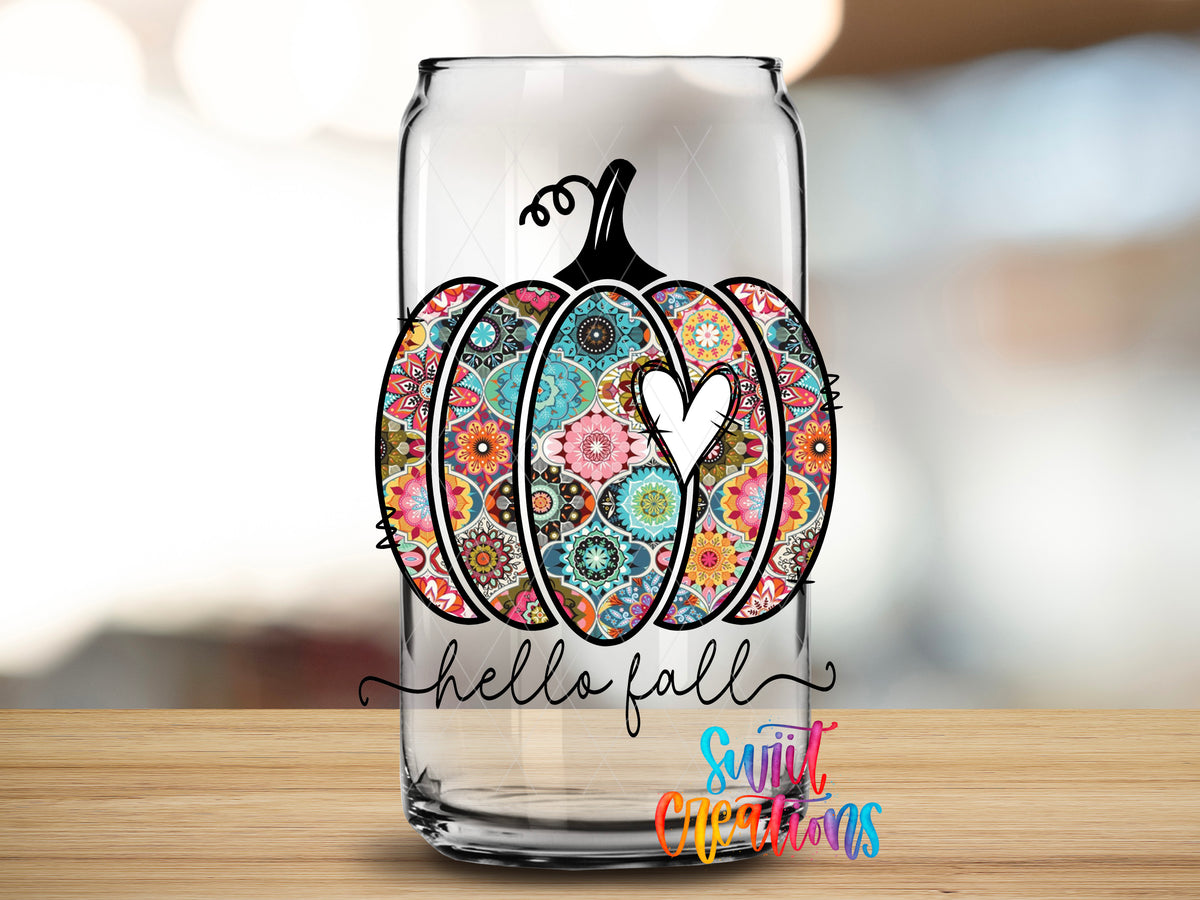 Hello Fall Floral Pumpkin design close-up on a clear glass can tumbler