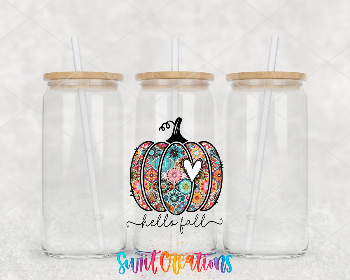 Hello Fall Floral Pumpkin clear glass tumbler group mockup with bamboo lids and straws