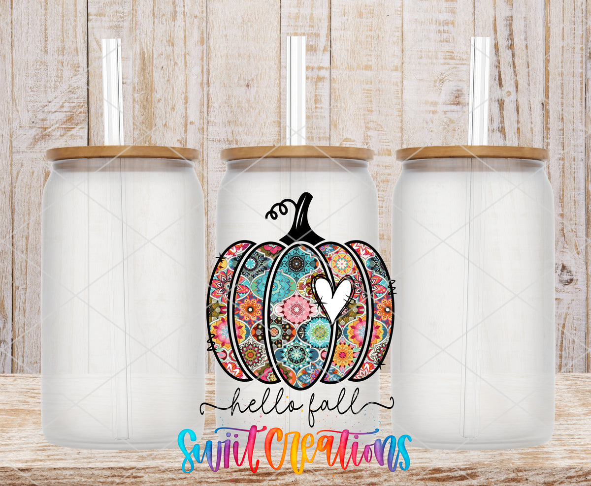 Hello Fall Floral Pumpkin frosted glass tumbler mockup with bamboo lids and straws