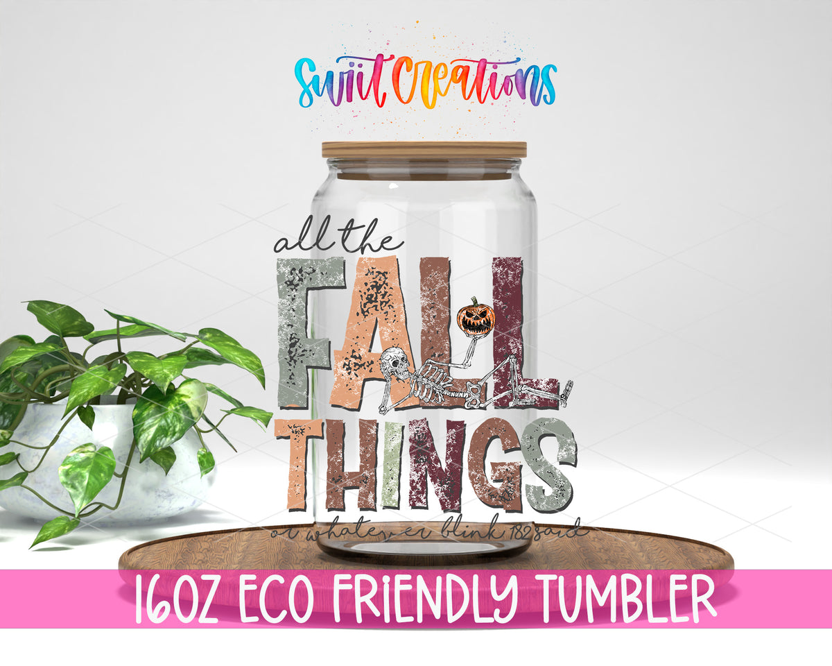 All the Fall Things design on a 16 oz clear glass tumbler with bamboo lid