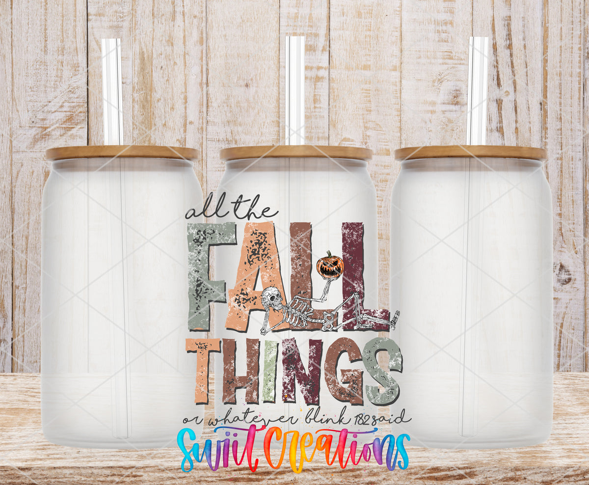 All the Fall Things frosted glass tumbler mockup with bamboo lids and straws