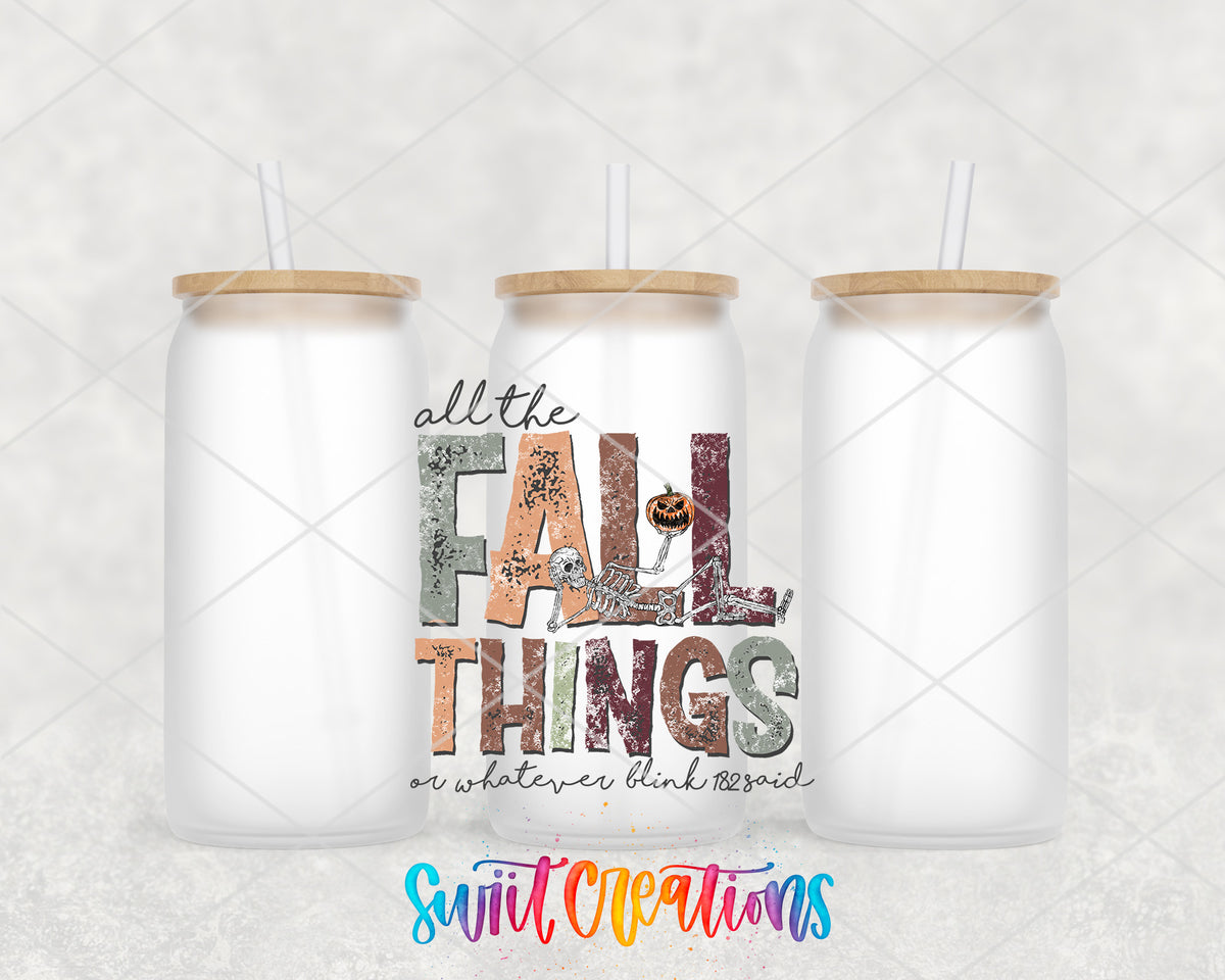 All the Fall Things frosted glass tumbler group view with lids and straws