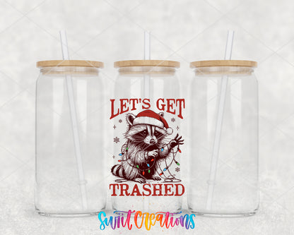 Let Us Get Trashed Christmas Raccoon clear glass tumbler group mockup with bamboo lids and straws