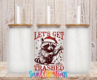Let Us Get Trashed Christmas Raccoon frosted glass tumbler mockup with bamboo lids and straws