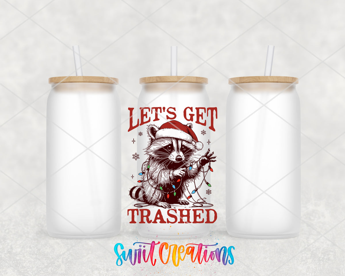 Let Us Get Trashed Christmas Raccoon frosted glass tumbler group view with lids and straws