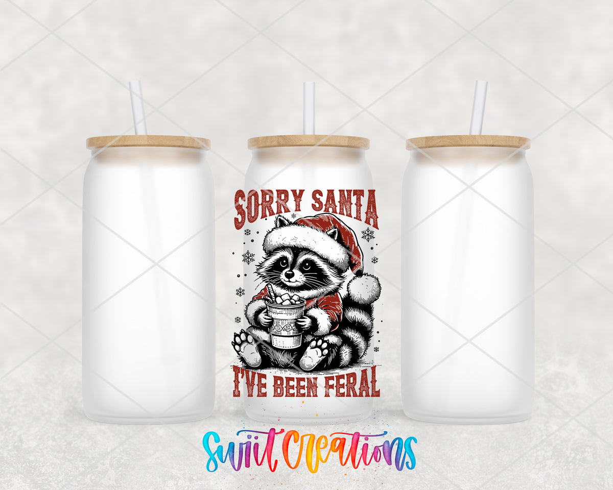 Sorry Santa Feral Raccoon frosted glass tumbler group view with lids and straws