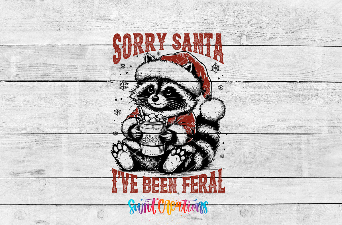 Sorry Santa Feral Raccoon artwork detail for the finished 16 oz tumbler