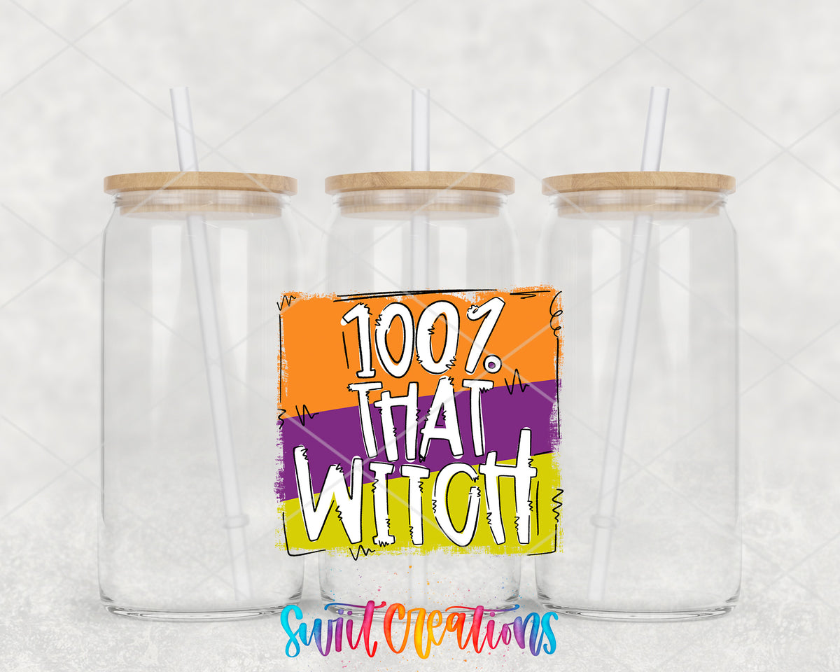 100 Percent That Witch clear glass tumbler group mockup with bamboo lids and straws