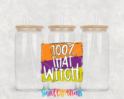100 Percent That Witch clear glass tumbler group mockup with bamboo lids and straws
