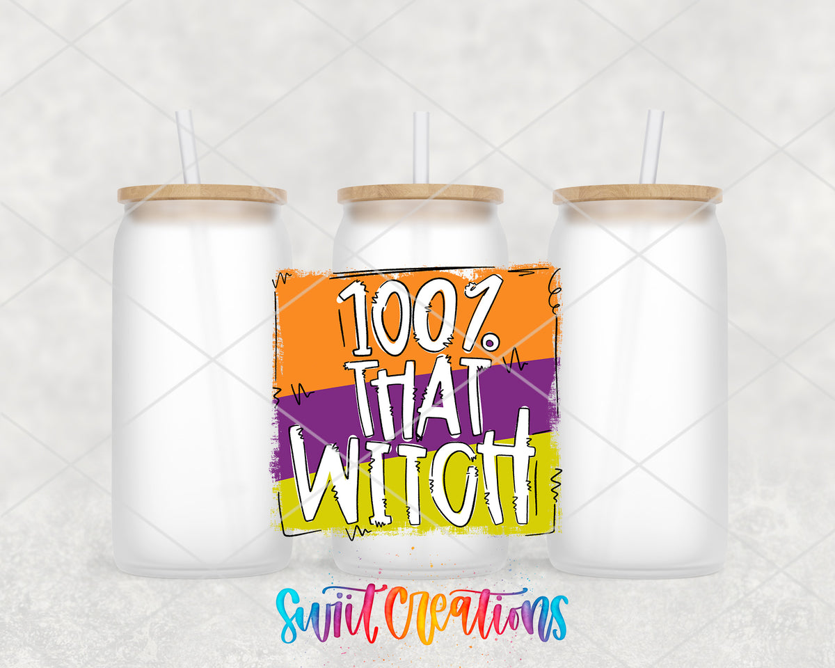 100 Percent That Witch frosted glass tumbler group view with lids and straws