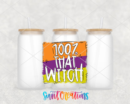 100 Percent That Witch frosted glass tumbler group view with lids and straws
