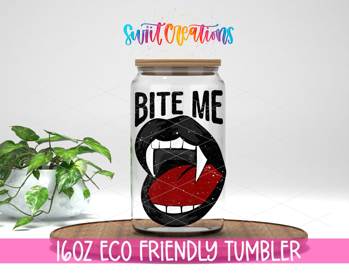 Bite Me Vampire design on a 16 oz clear glass tumbler with bamboo lid
