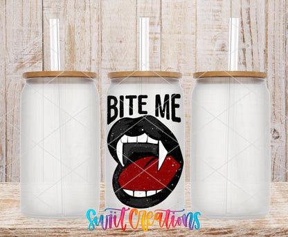 Bite Me Vampire frosted glass tumbler mockup with bamboo lids and straws