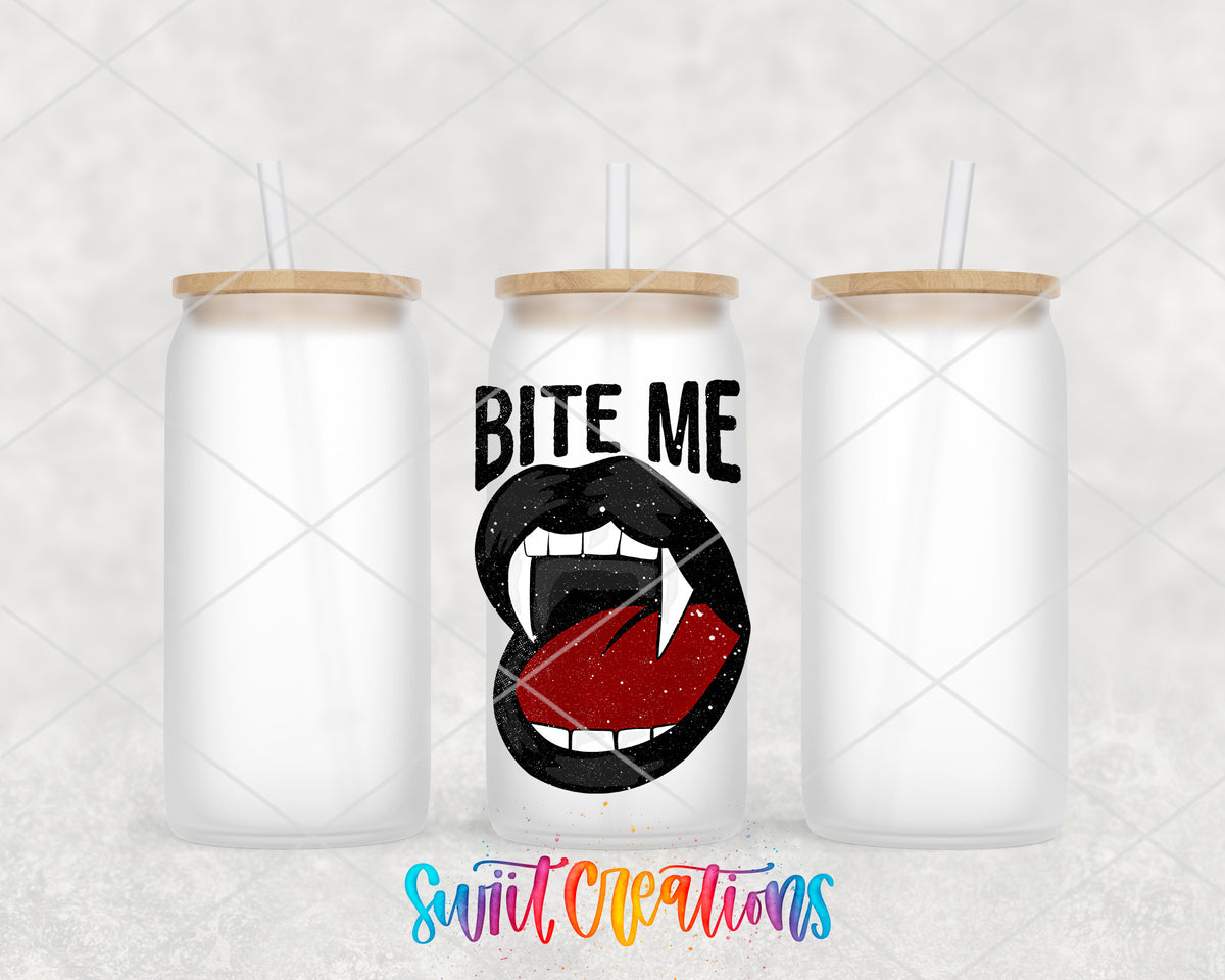 Bite Me Vampire frosted glass tumbler group view with lids and straws