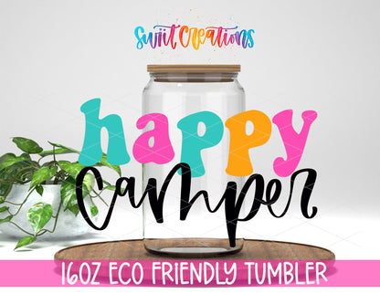 Happy Camper Colorful design on a 16 oz clear glass tumbler with bamboo lid