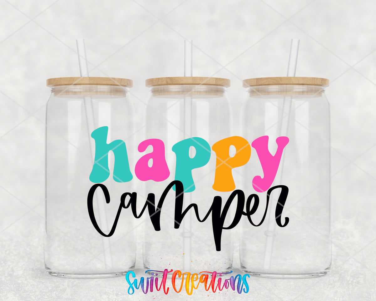 Happy Camper Colorful clear glass tumbler group mockup with bamboo lids and straws
