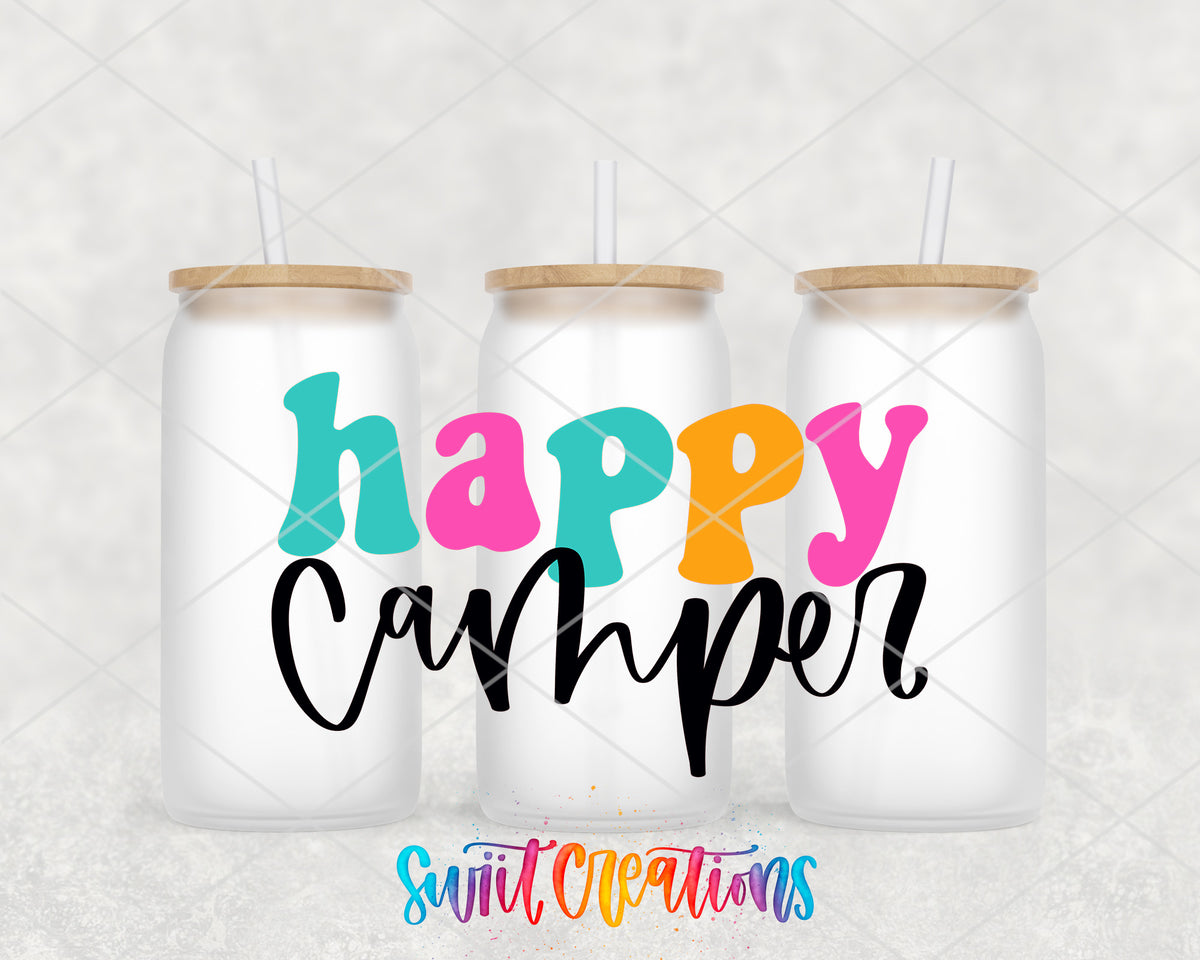 Happy Camper Colorful frosted glass tumbler group view with lids and straws