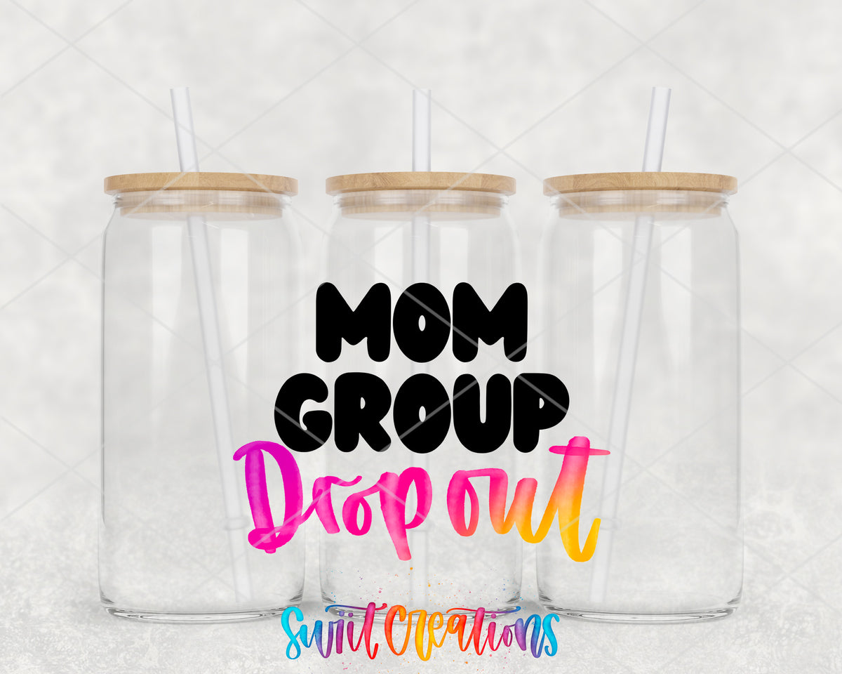 Mom Group Dropout clear glass tumbler group mockup with bamboo lids and straws