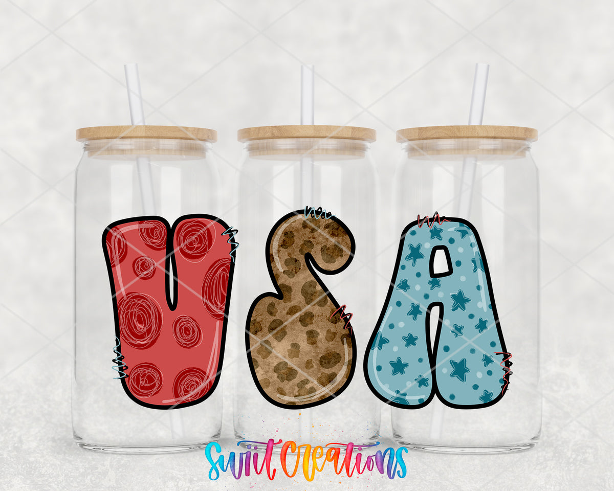 USA Patterned Letters clear glass tumbler group mockup with bamboo lids and straws