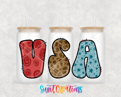 USA Patterned Letters frosted glass tumbler group view with lids and straws