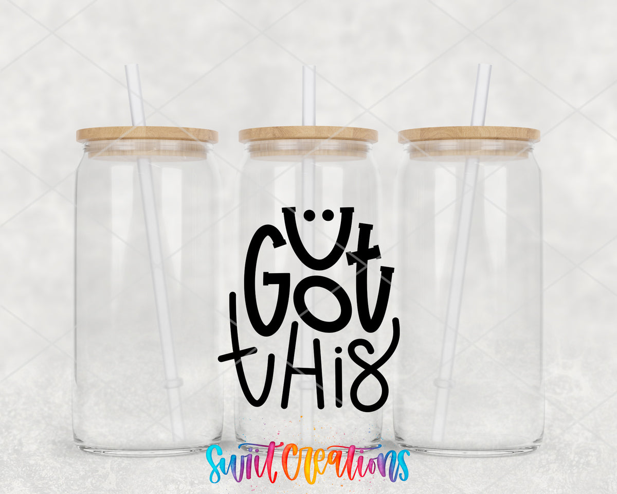 U Got This clear glass tumbler group mockup with bamboo lids and straws