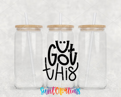 U Got This clear glass tumbler group mockup with bamboo lids and straws