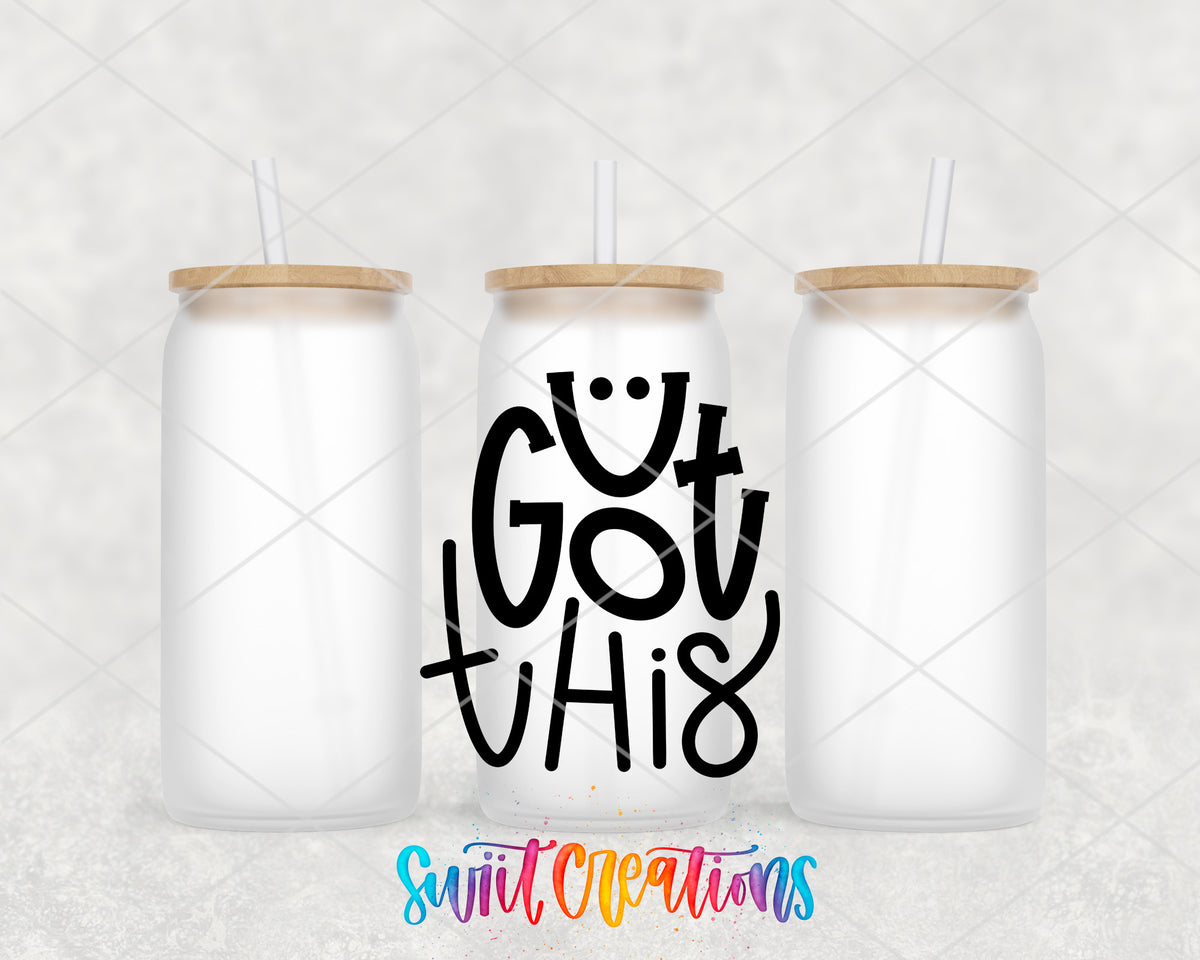 U Got This frosted glass tumbler group view with lids and straws