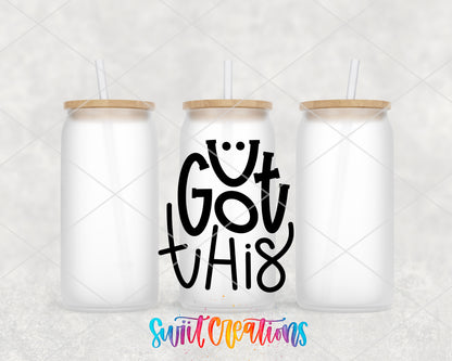 U Got This frosted glass tumbler group view with lids and straws