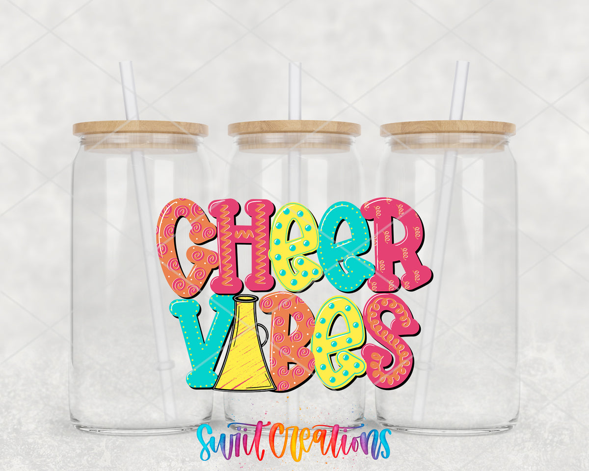 Cheer Vibes clear glass tumbler group mockup with bamboo lids and straws