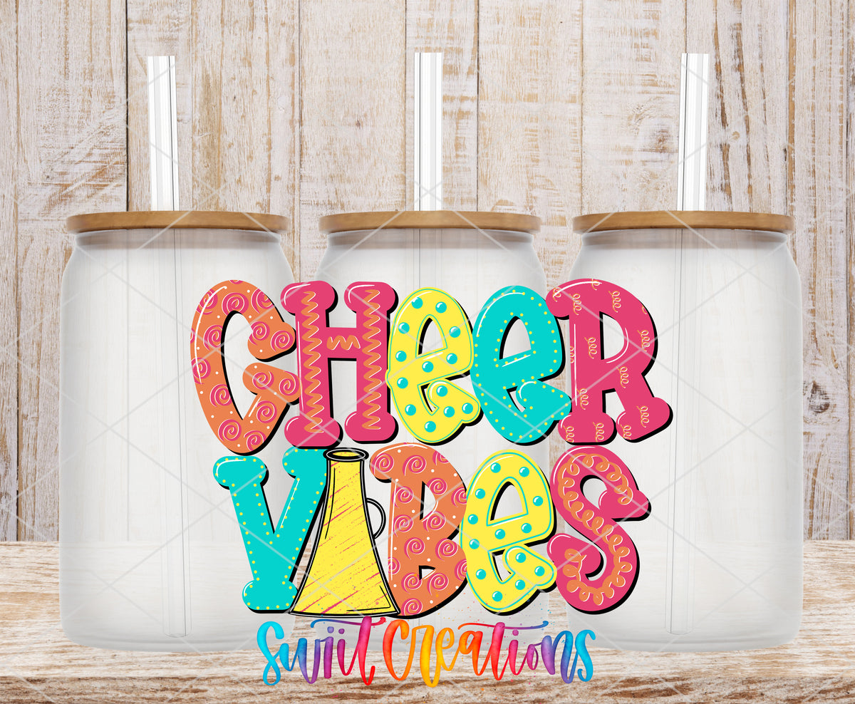 Cheer Vibes frosted glass tumbler mockup with bamboo lids and straws