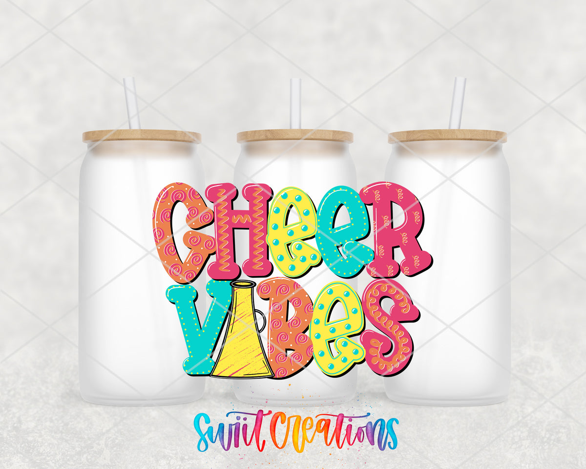 Cheer Vibes frosted glass tumbler group view with lids and straws