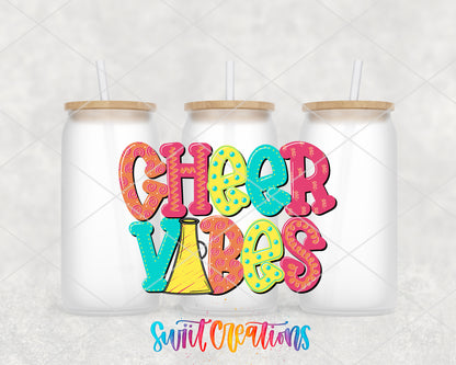 Cheer Vibes frosted glass tumbler group view with lids and straws