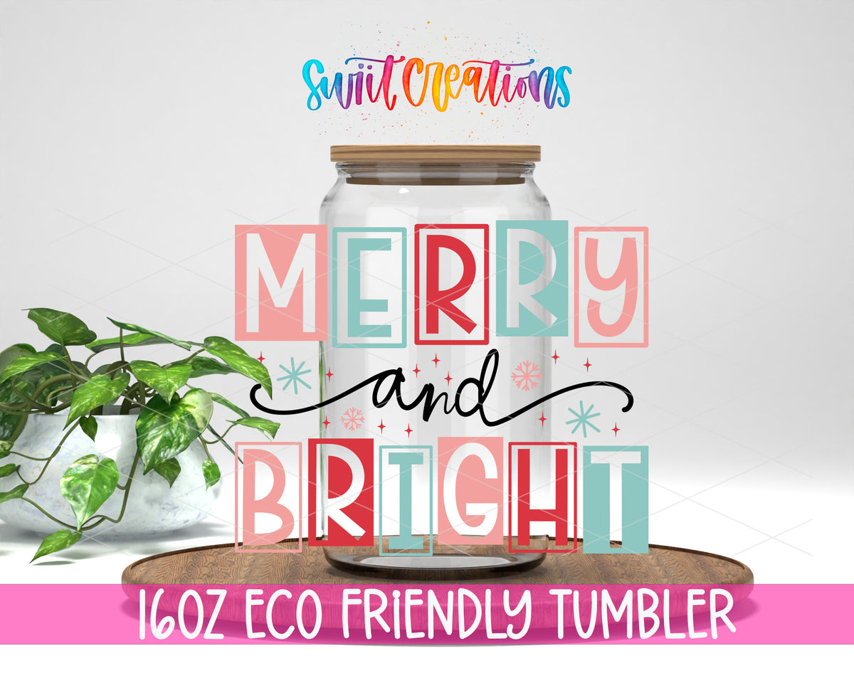 Merry and Bright Pastel Blocks design on a 16 oz clear glass tumbler with bamboo lid