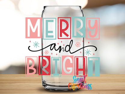 Merry and Bright Pastel Blocks design close-up on a clear glass can tumbler