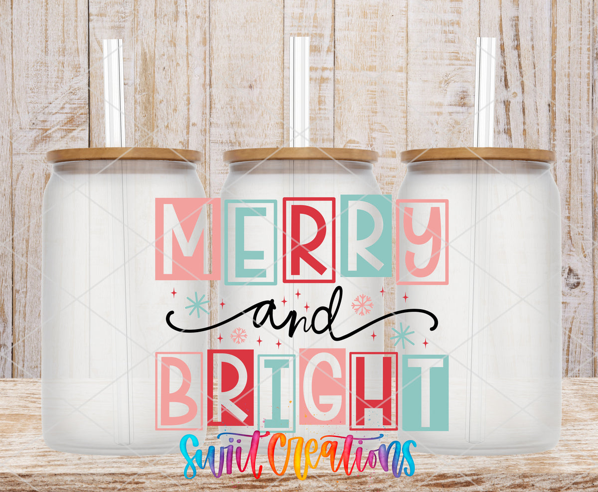 Merry and Bright Pastel Blocks frosted glass tumbler mockup with bamboo lids and straws