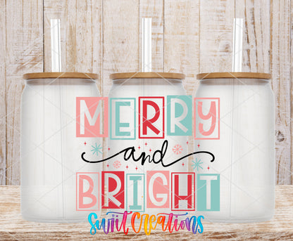 Merry and Bright Pastel Blocks frosted glass tumbler mockup with bamboo lids and straws