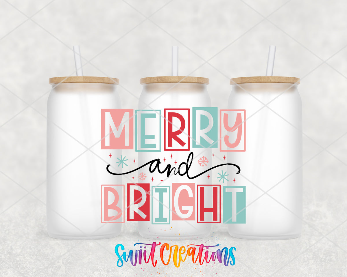 Merry and Bright Pastel Blocks frosted glass tumbler group view with lids and straws