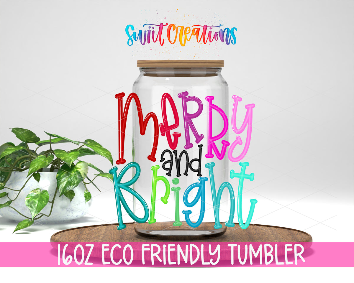 Merry and Bright Colorful Script design on a 16 oz clear glass tumbler with bamboo lid