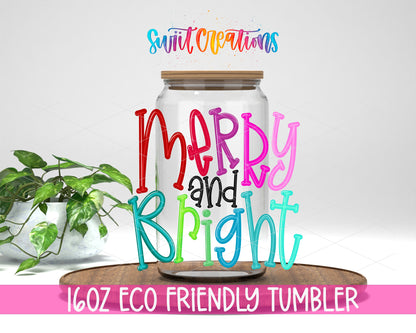 Merry and Bright Colorful Script design on a 16 oz clear glass tumbler with bamboo lid