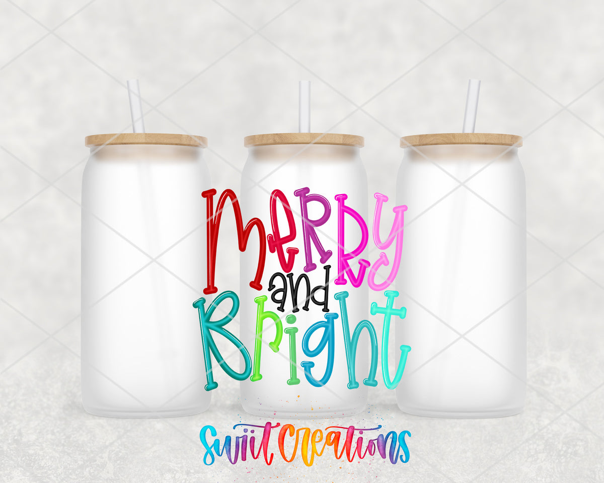 Merry and Bright Colorful Script frosted glass tumbler group view with lids and straws